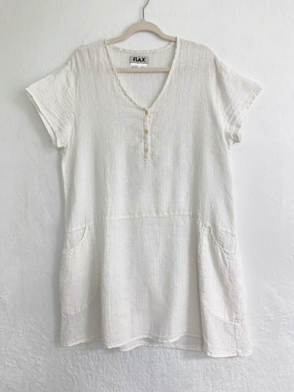Flax Linen Short Sleeve Drop Waist Relaxed Fit Dress in White Sz M